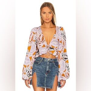 For Love & Lemons Long Sleeve Esmeralda Crop Top - Lilac/Mustard - M